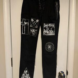 Current Mood Black Boyfriend Jeans with Graphic Patches